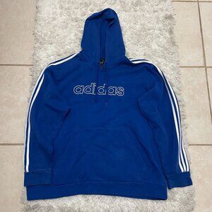 Adidas Blue Mens Pullover Hoodie White Stripes Logo Size 2XL Fleece-Lined